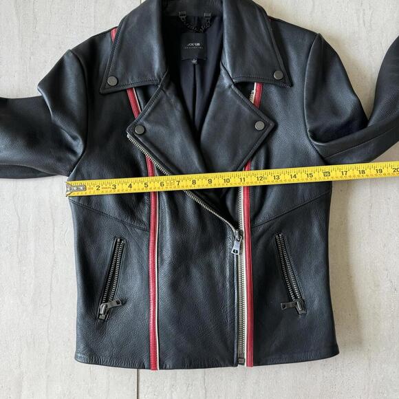 Joe’s Collection Moto Black Leather Jacket Red White Piping Size S - Picture 10 of 14